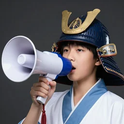 medium close up shot of an asian school boy wearing a samurai headgear cosplay, speaking into a megaphone, dark studio background, softlight, photorealistic, art by artgerm and greg rutkowski