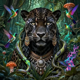 a 3 d jaguar - goddess wide angle portrait with obsidian black fur and piercing eyes. beautiful intricately detailed face and jungle priestess outfit. vibrant hummingbirds, glowing patterned snakes, vines, mycelium, pulse projections, shipibo patterns, plasma, creature, artwork by tooth wu and android jones wlop and android jones and beeple and greg rutkowski