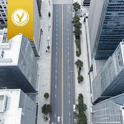 top-down bird's eye photo of an empty city street. Accurate. Coherent. Neat lines. City planning award winner.