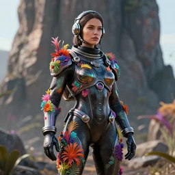 octane render portrait by wayne barlow and carlo crivelli and glenn fabry, focus on a woman in a skintight shiny black spacesuit with intricate iridescent metal detailing, covered in bright colorful tropical alien flora in front of a giant rocky cliff, cinema 4 d, ray traced lighting, very short depth of field, bokeh