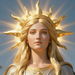 a beautiful portrait of a sun goddess with a golden crown, sunlight beams, god rays, volumetric lighting, detailed, greg rutkowski, 8 k