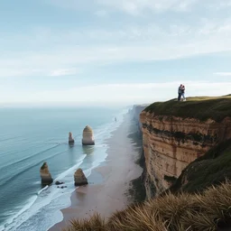 people hugging on a cliff overhanging a beach