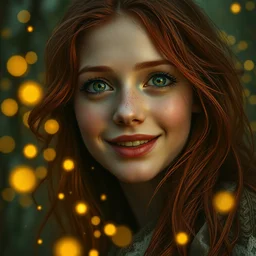 infp young woman, smiling amazed, golden fireflies lights, amidst of nature fully covered, long loose red hair, intricate linework, bright accurate green eyes, small nose with freckles, oval shape face, realistic, expressive emotions, dramatic lights spiritual scene, hyper realistic ultrafine art by artemisia gentileschi, caravaggio, jessica rossier, boris vallejo