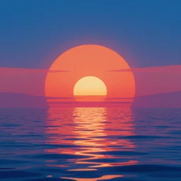A synthwave style sunset above the reflecting water of the sea, digital art