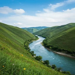 Windows bliss wallpaper with a river between the hills,
