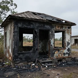 a derelict burnt out 1 9 6 0 s house, with dark burnt rooms, and no stairs. realistic. seen from outside. 3 5 mm
