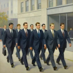 painting of a group of men in business suits, marching to their offices, in the style of edward hopper