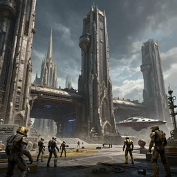a beautiful scifi rendering of massive brutalist industrial military gothic cathedral buildings and mri machines art, star wars, unreal engine, Artstation massive aircraft carrier towers futuristic gothic cathedral architecture with hangar bays maschinen krieger, ilm, beeple, star citizen halo, mass effect, starship troopers, elysium