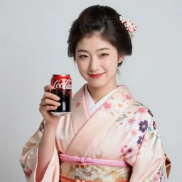 a Portrait up to the chest, a Japanese woman, smooth, wearing a kimono made of cherry blossoms,holding a cola can,smiled sardonically, created by Raffaello Sanzi.