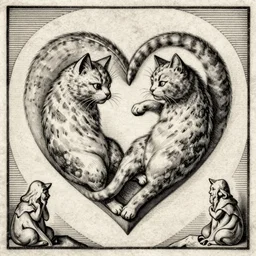albrecht durer, albrecht altdorfer, hans holbein, lucas cranach, gustave dore, engraving - style tattoo of two cats intertwined in a heart shape