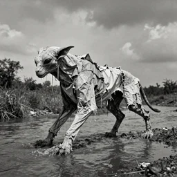 surreal alien beast, made of roughly torn fabric, stretched over a deliberately sloppy frame, crossing the river, Contemporary art, Affandi, XIXth century black and white old photography, moody lighting, black and white