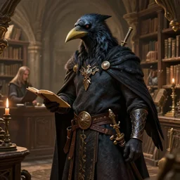 highly detailed 3 / 4 art of an alchemist, crow fantasy race, medieval bookstore background, featured on artstation