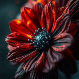 macro lens, close up, hyper realistic charcoal flower with fire texture on the petals, beaultiful background, bokeh, illustrated by greg rutkowski, beautiful volumetric lighting, intricate, ultra detailed, photorealistic, trending on artstation, octane render, 8 k