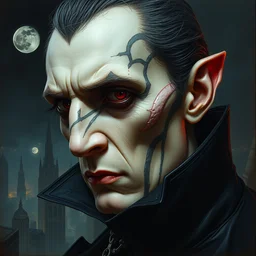 portrait of a vampire, hyper detailed masterpiece, dystopian background, jean giraud, digital art painting, darkwave goth aesthetic, gothic, artgerm, donato giancola and tom bagshaw