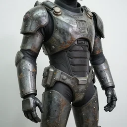 photo taken of an epic intricate, ultra detailed, super realistic gritty, hero prop, exquisitely weathered armoured hazardsuit movie props, created by weta workshop, zoomed in shots, photorealistic, sharp focus, white wall, cold colour temperture, golden ratio