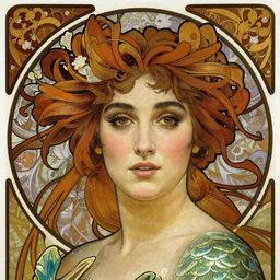 realistic detailed face portrait of Mermaid Elizabeth Taylor, by Alphonse Mucha, and Lisa Frank, Art Nouveau, Neo-Gothic, gothic, rich deep colors