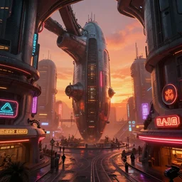 a biomechanical bulbous zaha hadid space-station city street interior with neon lights and signs inspired by a nuclear reactor submarine and maschinen krieger, ilm, beeple, star citizen halo, mass effect, 2001 space odyssey, elysium, iron smelting pits, warm saturated colours, atmospheric perspective, dramatic sunset