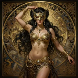 Mysterious masked belly dancer, Mark Edward Fischbach, intricate, highly detailed, digital painting, artstation, concept art, smooth, sharp focus, illustration, Unreal Engine 5, 8K, art by artgerm and greg rutkowski and alphonse mucha