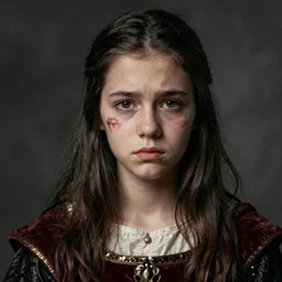 teenage medieval girl, large birthmark on side of face, unhappy, portrait, highly detailed, realistic, dark hair