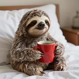 a cozy sloth enjoying his morning coffee in bed with a red cup