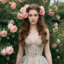 beautiful woman in the middle of a lush garden with roses in her hair and an intricate gown, highly detailed, portrait, artstation, art by artgerm and greg rutkowski,