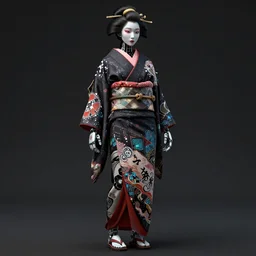 full body portrait of a gothic style japanese robot geisha with kanji tattoos and decals wearing a digital pixelated kimono, intricate design, photo - realistic, octane render, dark colour palette, ultra fine detailed, character design, trending on artstation