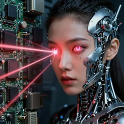 beauty woman with mechanical eyes shooting lasers,  detailed face, Complex electronics and motherboards in the background, very detailed, dramatic lighting, electrical details, high details, 4k, 8k, trending on artstation, by Greg Rutkowski, Wayne Barlowe, Hajime Sorayama and Boris Vallejo