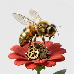 brass steampunk honeybee sitting on a red flower. clockwork. gears, pipes. goggles. rivets. octane render. highly detailed.