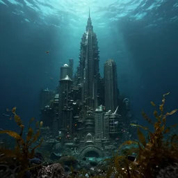rapture bioshock, city at sea floor, water, submerged, seaweed, fish, realistic, detailed, underwater, dark, underwater underwater underwater underwater underwater