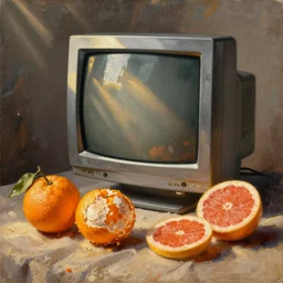 still life painting of an old crt monitor by pieter claesz, oil on canvas, strong lighting, highly detailed, peeled oranges, sliced grapefruit, hyper realism, golden hour, god rays, hd, 4 k