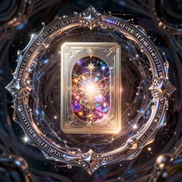 symmetry!! a futuristic of stunning octane render, tiny a magic rectangular card, liquid containing mysterious magic, intricate, surge round ， decoration with inscriptions in secret silver, middle ages ， light dust inside, in the darkabstract, artstation, loha studio, feifei ruan, wlop, beeple, bright colors