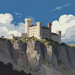 landscape 2 d by ed mell, raphael lacoste and erikas perl, castle, by g liulian, ruins, defined forms, beautiful cloudy deep blue sky, perfect composition, cliffs, no fog, detailed, flat ilustration, trending on artstation