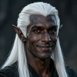a portrait of a dark drow elf male, long length slick white hair, charcoal skin, handsome, smooth skin, young adult in with late twenties, happy, pointed chin, charcoal color skin, curious expression, style by donato giancola, wayne reynolds, jeff easley dramatic light, high detail, cinematic lighting, artstation, dungeons and dragons