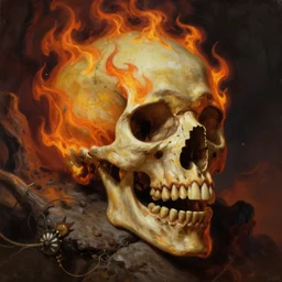fiery skull contemplating life, gracked, detailed, painted by raymond swanland, ((giger))