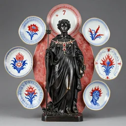 red white blue black porcelain decoration : 9 2 7 7 behelita wakefire - flower of eternal return euterpe votive offering. a black and bronze sculpture, decoration : 2 2 7 7 german expressionist - rollenportrat of robed olga of kiev, jewels, josian wedgwood testplates by auguste rodin