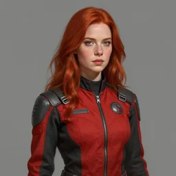 portrait of redhead woman by Greg Rutkowski, who looks like a mixture between Karen Gillan, Thomasin McKenzie and young Bryce Dallas Howard wearing red and black utilitarian jumpsuit, scifi, highly detailed portrait, digital painting, artstation, concept art, smooth, sharp foccus ilustration, Artstation HQ