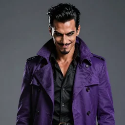 portrait, a slender ringleader with tan skin, wearing purple and black ringleader attire, well dressed purple ringleader trenchcoat, nefarious smirk, black hair, trickster, goatee, style by donato giancola, wayne reynolds, jeff easley dramatic light, high detail, cinematic lighting, artstation, dungeons and dragons