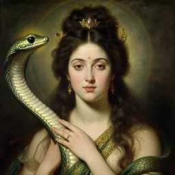 detailed potraitof hidu goddes kali and serpent, girl graceful,, painting by gaston bussiere, craig mullins, j. c. leyendecker, lights, art by ernst haeckel, john william godward, hammershøi,,