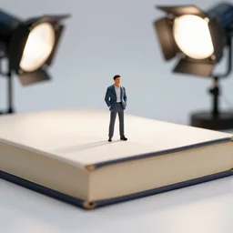 photo still of realistic miniature man on large book, 8 k, studio lighting bright ambient lighting key light, 8 5 mm f 1. 8