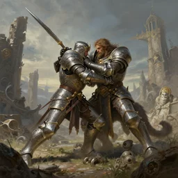 enormous male knight wrestling an ent, ruins landscape, d & d, fantasy, intricate, highly detailed, digital painting, artstation, octane render, concept art, matte, sharp focus, illustration, hearthstone, art by artgerm and greg rutkowski and alphonse mucha