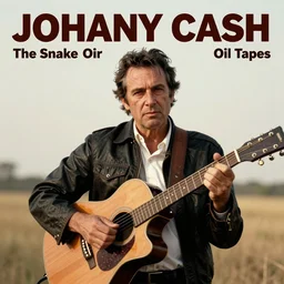 album cover for Johnny Cash: The Snake Oil Tapes, album art by Ron Walotsky, snake oil album, snakes, no text