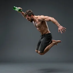 an epic portrait of a man jumping in the while holding a green bottle, highly detailed, high quality, 8k HDR, path tracing, epic image, realistic face, hyperrealistic, badass pose, digital art, five fingers, anatomically correct, dramatic lighting, studio quality, profile photo