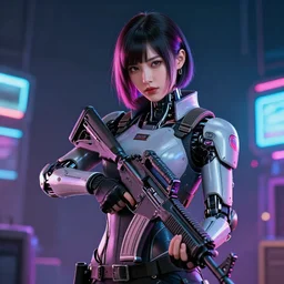 beautiful portrait of a cyborg mercenary girl holding a rifle, art by wlop and artgerm, cyberpunk, neon, elegant, highly detailed, trending on artstation, sharp focus, caustics, octane render, radiant light, 4 k