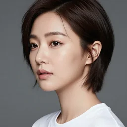 beautiful realistic studio portrait photograph stunning professional close up head shot of a beautiful korean actress with short hair wearing a white t - shirt age 3 5 looking to the left, by annie liebovitz, professional portrait photograph spectacular detail trending on artstation 8 k