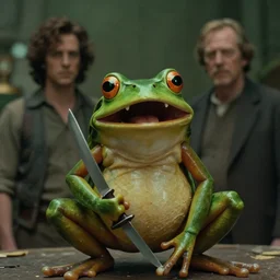 a humanoid frog laughing maniacally and holding a knife, by Paul Oz and John Carpenter, movie still directed by Ridley Scott and cinematography by Ari Aster