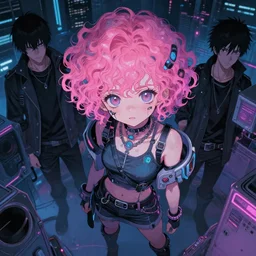 very very high - angle, a grungy cyberpunk anime, very cute, by super ss, cyberpunk fashion, curly pink hair, night sky by wlop, james jean, victo ngai, highly detailed