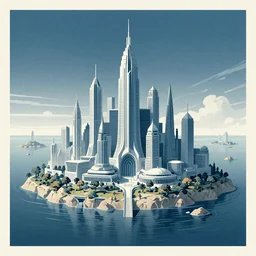 a propaganda poster from 1940 of a futuristic city located in an island isolated by water.  Art Nouveau style