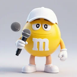 a single yellow m & m candy with white arms and legs holding a microphone, a yellow sphere wearing a white baseball cap, eminem as a m & m candy standing on a floor covered with m & m candies, m & m candy dispenser, m & m plush!!!, unreal engine, studio lighting, unreal engine, professional food photography