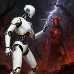 futuristic white and gold trimmed android helping a soul escape from hell painted in the style of adolph von menzel 4 k dramatic lightning hd