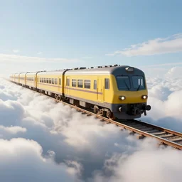 train wagon on sky flying through rails made out of clouds, digital art